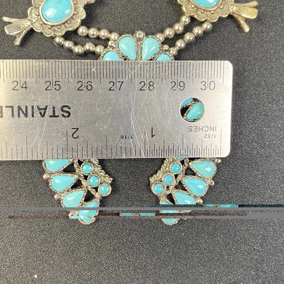 Vintage Necklace Squash Blossom Faux Turquoise Poured Glass 26" Long Silvertone - Picture 7 of 15